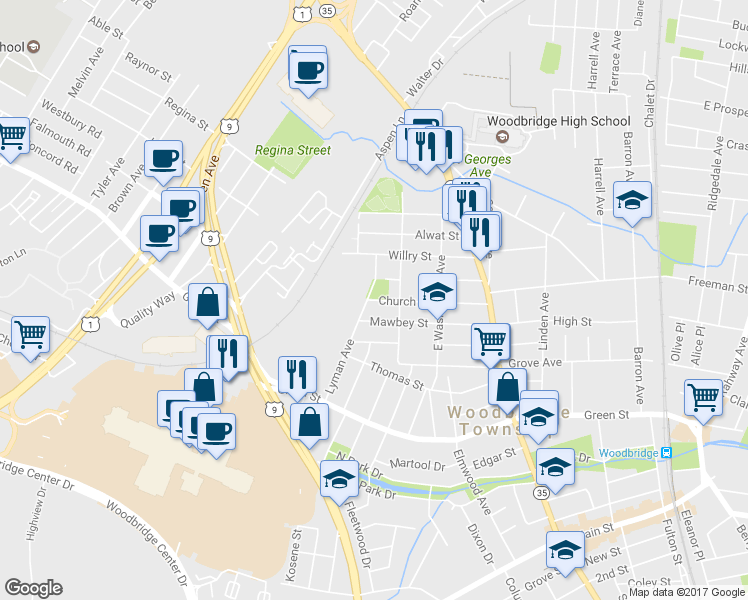 map of restaurants, bars, coffee shops, grocery stores, and more near 321 Church Street in Woodbridge Township