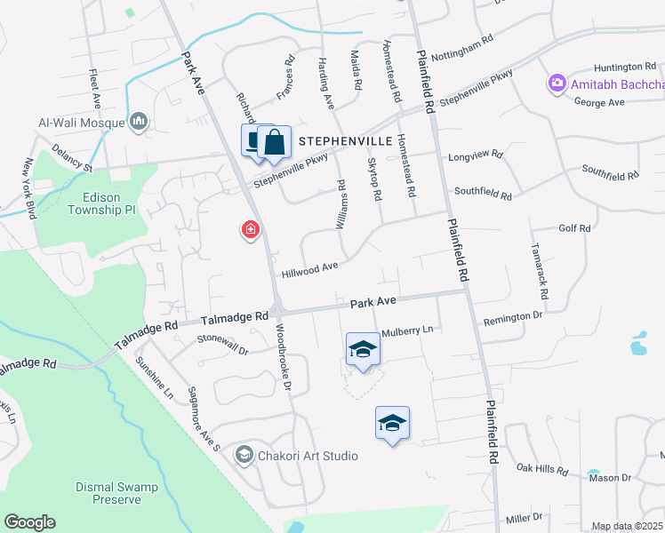 map of restaurants, bars, coffee shops, grocery stores, and more near 14 Hillwood Avenue in Edison