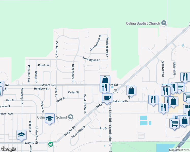 map of restaurants, bars, coffee shops, grocery stores, and more near 1111 Myers Road in Celina