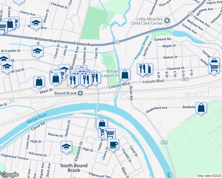 map of restaurants, bars, coffee shops, grocery stores, and more near 548 East Main Street in Bound Brook