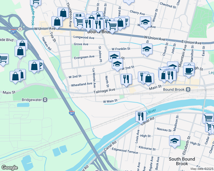 map of restaurants, bars, coffee shops, grocery stores, and more near 13 North Street in Bound Brook