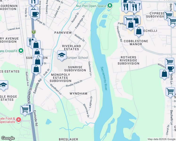 map of restaurants, bars, coffee shops, grocery stores, and more near 3145 Valentine Lane in Redding
