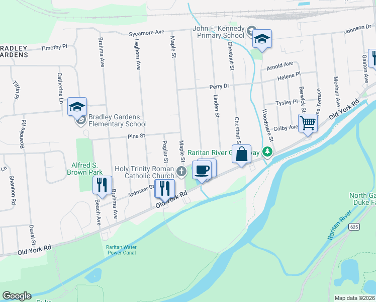 map of restaurants, bars, coffee shops, grocery stores, and more near 78 Oak Street in Bridgewater Township