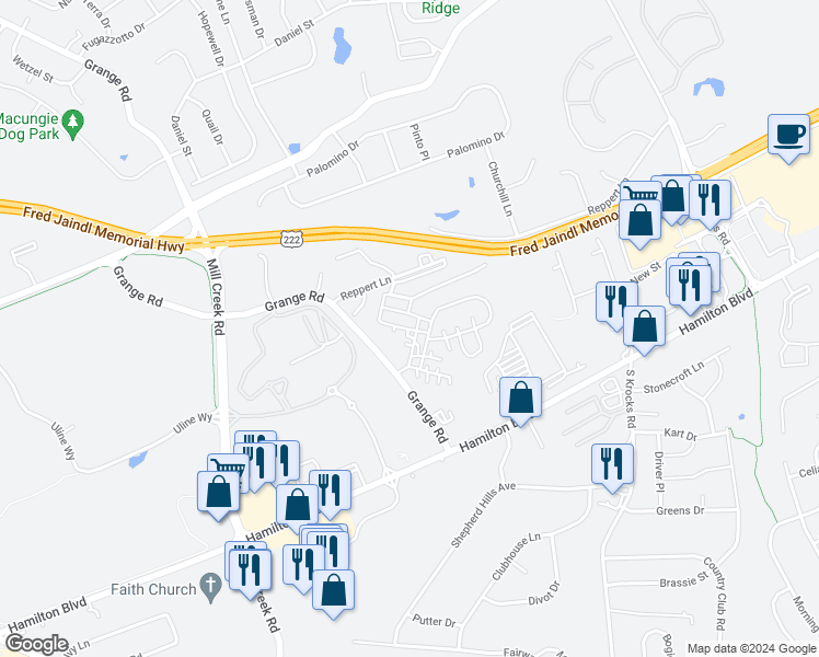 map of restaurants, bars, coffee shops, grocery stores, and more near 1190 Grange Road in Allentown