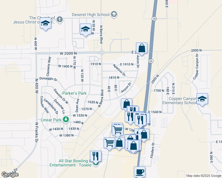 map of restaurants, bars, coffee shops, grocery stores, and more near 1728 40 East in Tooele