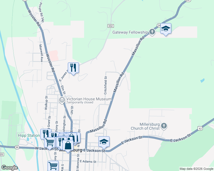 map of restaurants, bars, coffee shops, grocery stores, and more near 783 Critchfield Street in Millersburg