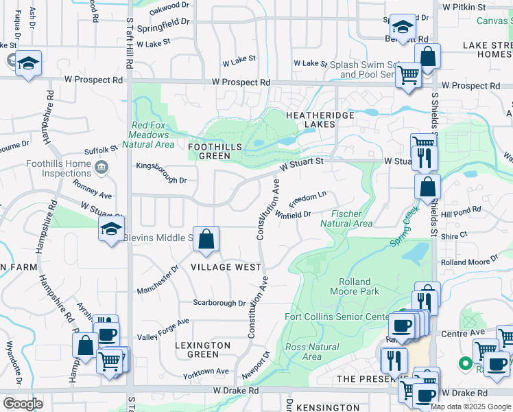 map of restaurants, bars, coffee shops, grocery stores, and more near 1936 Sandalwood Lane in Fort Collins