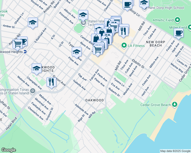 map of restaurants, bars, coffee shops, grocery stores, and more near 458 Falcon Avenue in Staten Island