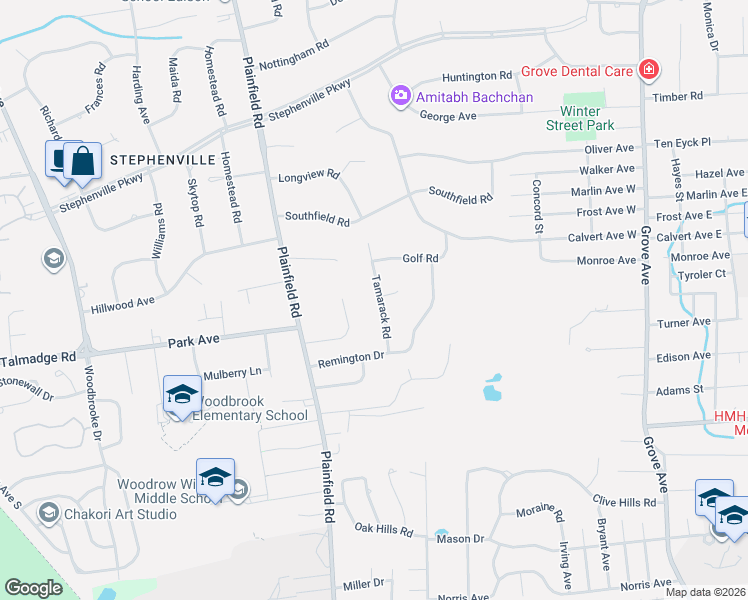 map of restaurants, bars, coffee shops, grocery stores, and more near 11 Tamarack Road in Edison