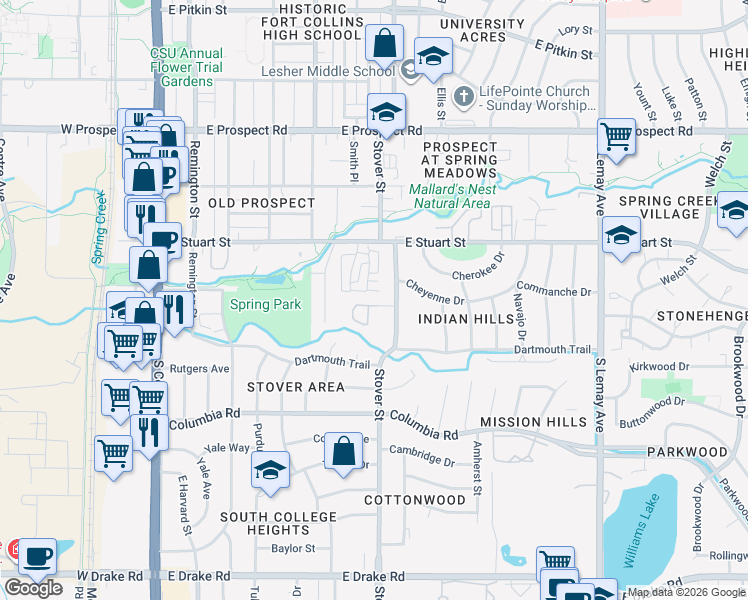 map of restaurants, bars, coffee shops, grocery stores, and more near 636 Cheyenne Drive in Fort Collins