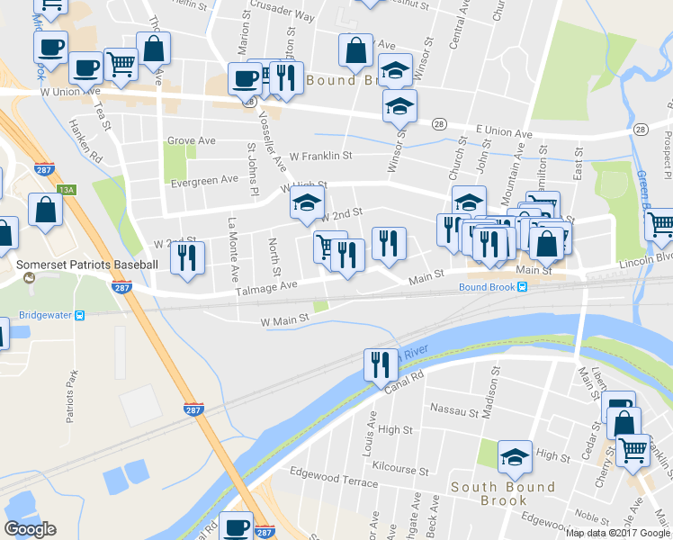 map of restaurants, bars, coffee shops, grocery stores, and more near 207 Talmage Avenue in Bound Brook