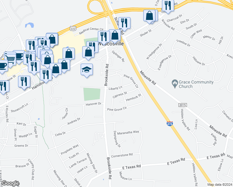 map of restaurants, bars, coffee shops, grocery stores, and more near 4985 Cypress Street in Wescosville