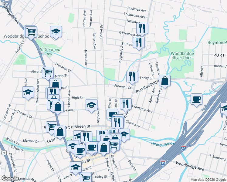 map of restaurants, bars, coffee shops, grocery stores, and more near 581 Ridgedale Avenue in Woodbridge Township