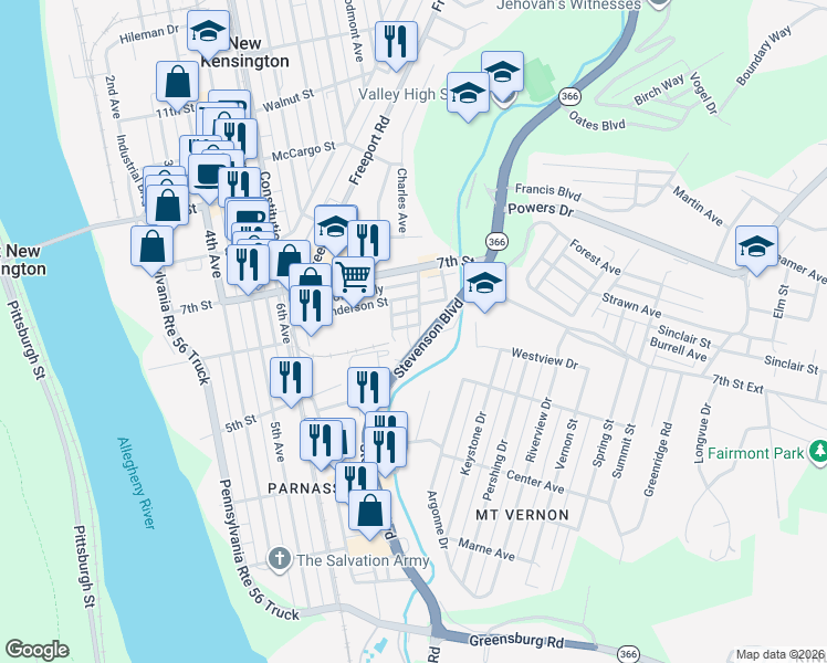 map of restaurants, bars, coffee shops, grocery stores, and more near 631 Linden Avenue in New Kensington