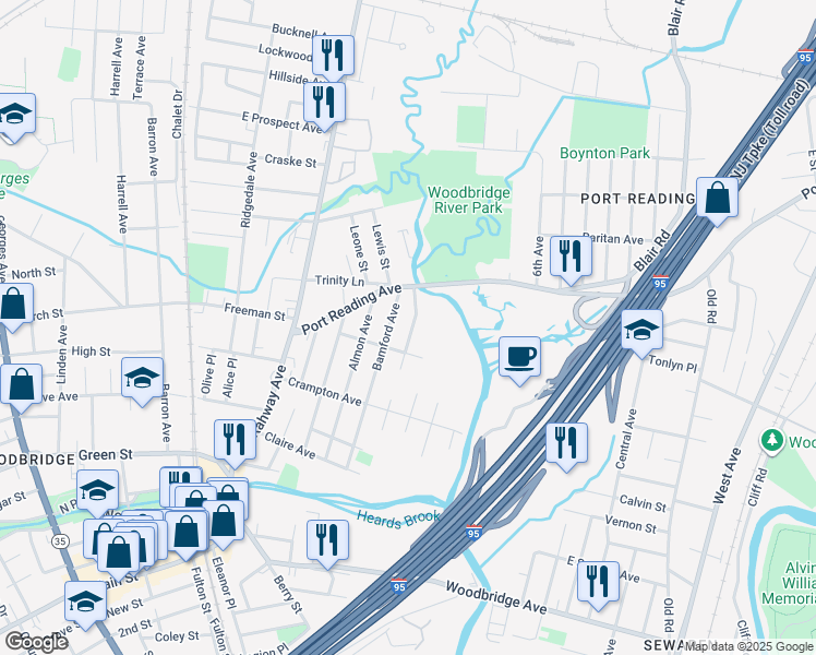 map of restaurants, bars, coffee shops, grocery stores, and more near 617 Watson Avenue in Woodbridge Township