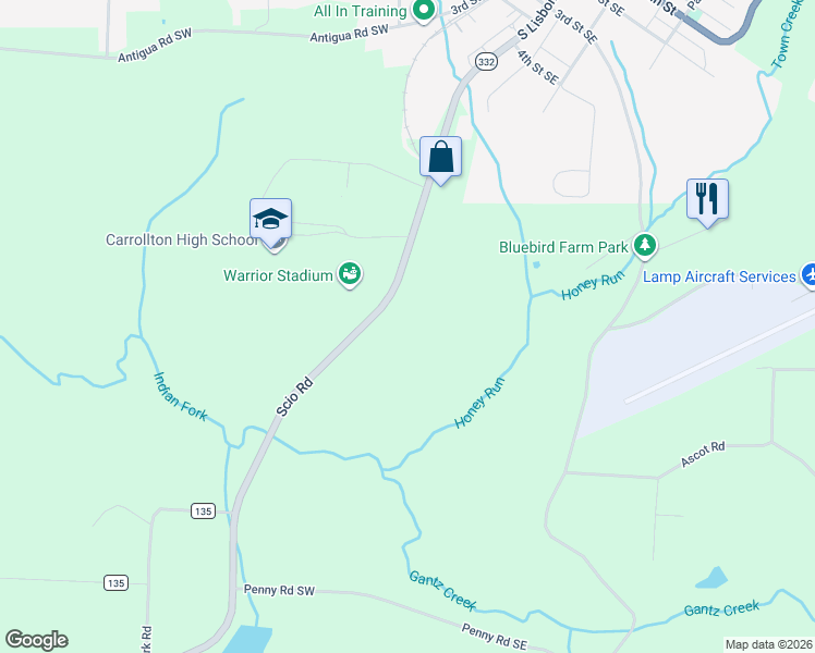 map of restaurants, bars, coffee shops, grocery stores, and more near 1216 Scio Road in Carrollton