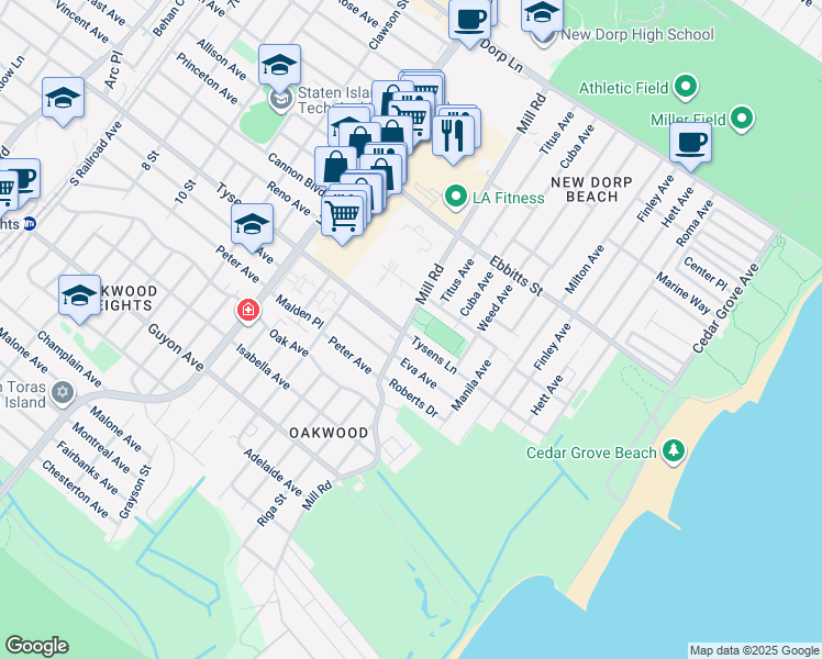 map of restaurants, bars, coffee shops, grocery stores, and more near 701 Tysens Lane in Staten Island