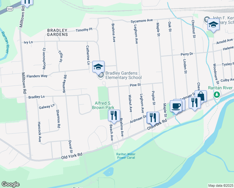 map of restaurants, bars, coffee shops, grocery stores, and more near 88 Brahma Avenue in Bridgewater Township
