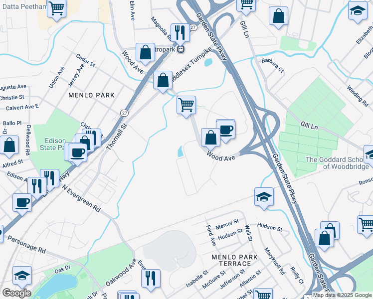 map of restaurants, bars, coffee shops, grocery stores, and more near 170 South Wood Avenue in Woodbridge Township