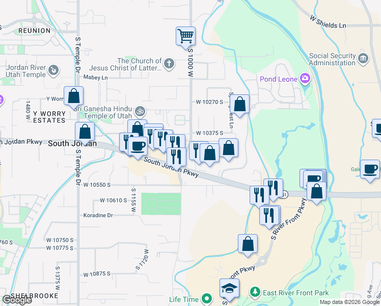 map of restaurants, bars, coffee shops, grocery stores, and more near 10480 1000 West in South Jordan