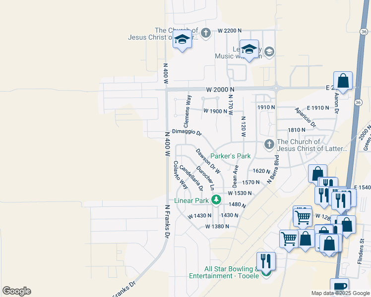 map of restaurants, bars, coffee shops, grocery stores, and more near 329 Dawson Drive West in Tooele