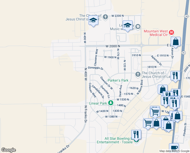 map of restaurants, bars, coffee shops, grocery stores, and more near 329 Dawson Drive West in Tooele