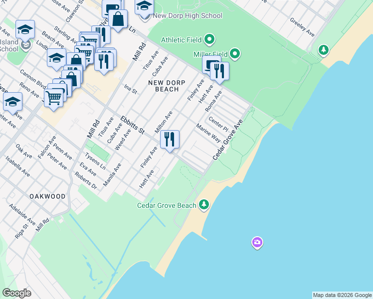 map of restaurants, bars, coffee shops, grocery stores, and more near 5 Milbank Road in Staten Island