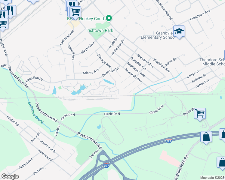 map of restaurants, bars, coffee shops, grocery stores, and more near 299 Ventnor Court in Piscataway