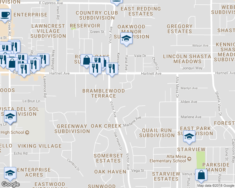 map of restaurants, bars, coffee shops, grocery stores, and more near 1763 Bramble Place in Redding