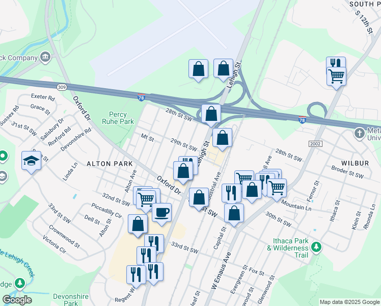 map of restaurants, bars, coffee shops, grocery stores, and more near 2912 Moravian Avenue in Allentown