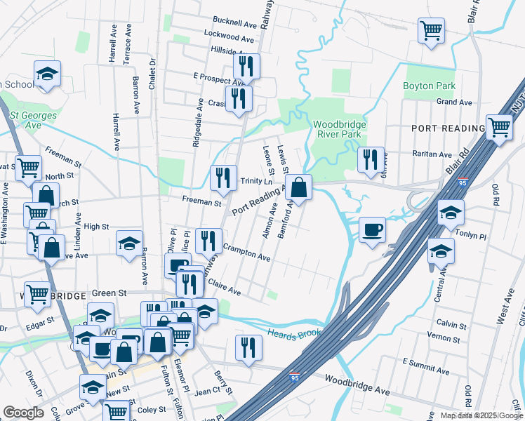 map of restaurants, bars, coffee shops, grocery stores, and more near 599 Garden Avenue in Woodbridge Township