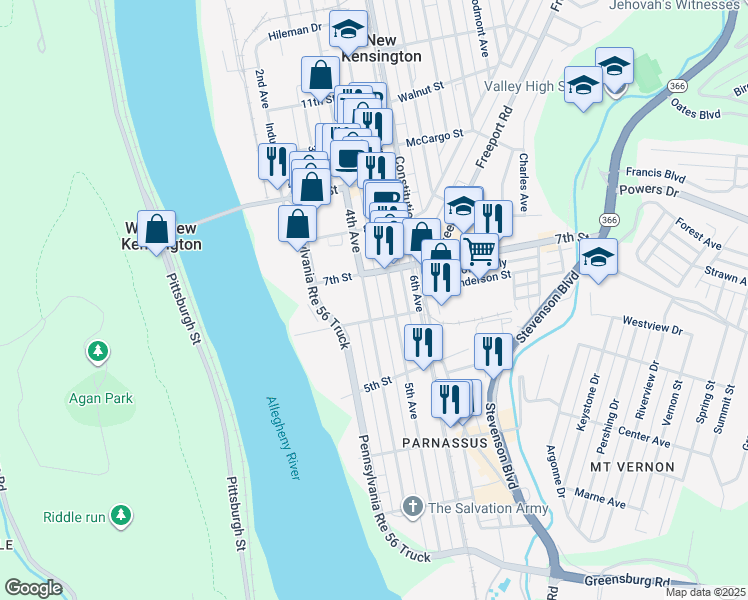 map of restaurants, bars, coffee shops, grocery stores, and more near 620 4th Avenue in New Kensington