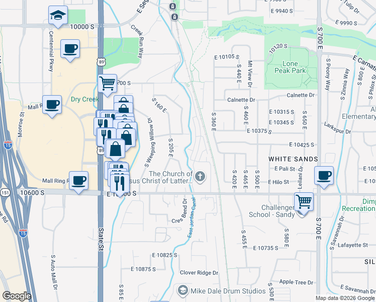 map of restaurants, bars, coffee shops, grocery stores, and more near 10460 S Sage Canal Way in Sandy