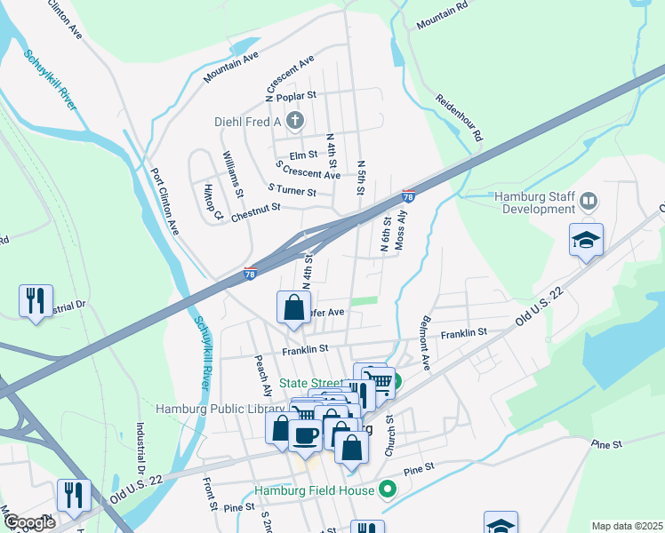 map of restaurants, bars, coffee shops, grocery stores, and more near 315 Greenwood Street in Hamburg