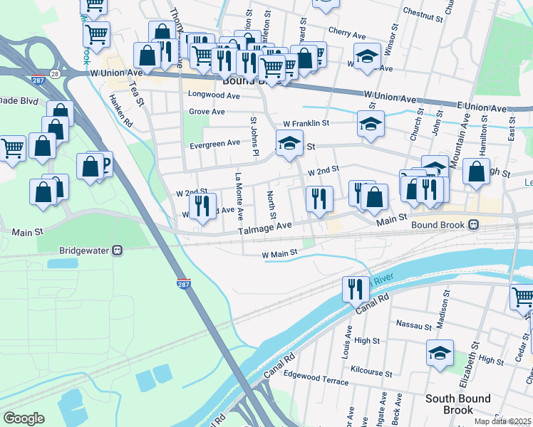 map of restaurants, bars, coffee shops, grocery stores, and more near 13 North Street in Bound Brook