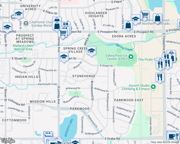 map of restaurants, bars, coffee shops, grocery stores, and more near 1336 Stonehenge Drive in Fort Collins