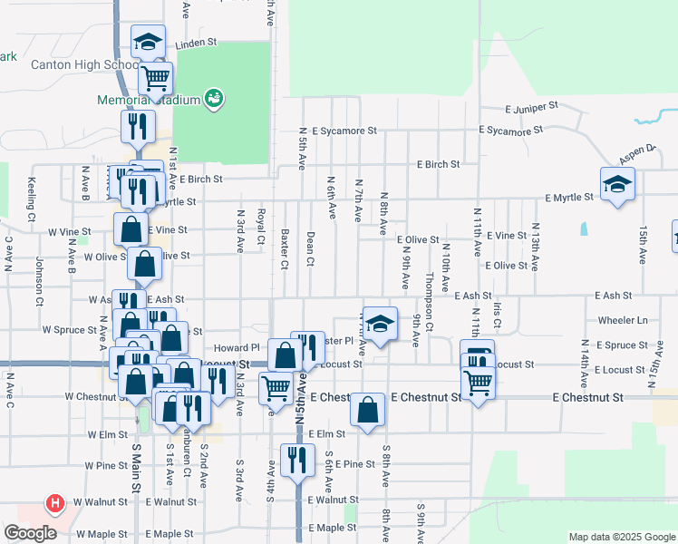 map of restaurants, bars, coffee shops, grocery stores, and more near 459 North 6th Avenue in Canton