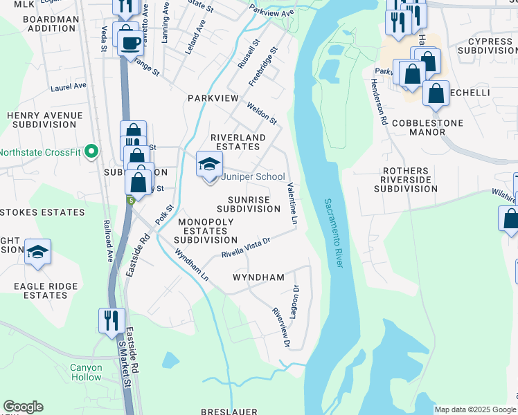 map of restaurants, bars, coffee shops, grocery stores, and more near 378 Newport Drive in Redding