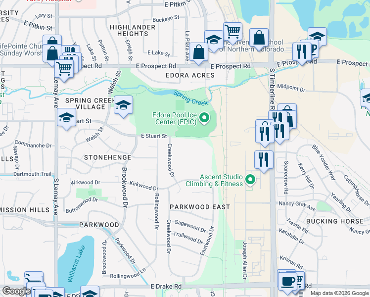 map of restaurants, bars, coffee shops, grocery stores, and more near 1625 East Stuart Street in Fort Collins