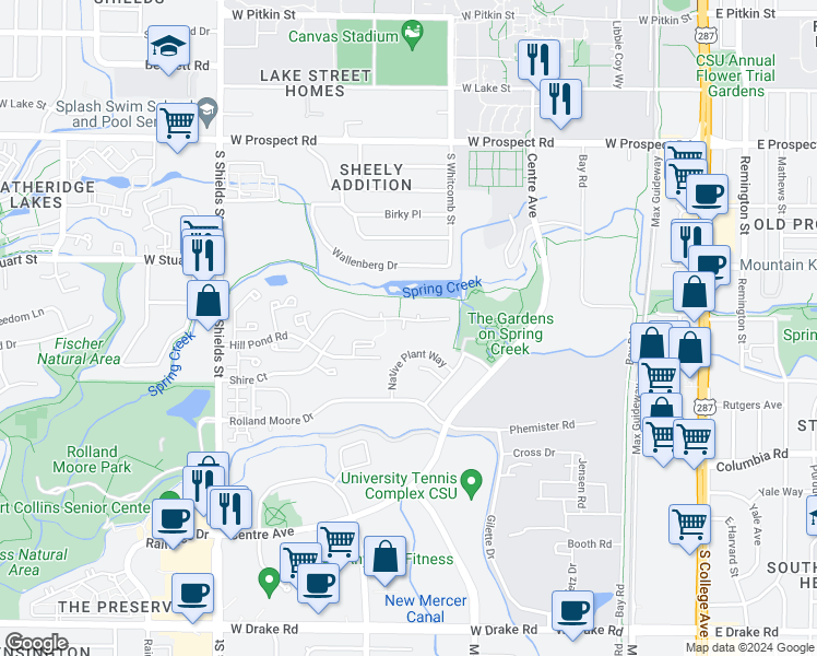 map of restaurants, bars, coffee shops, grocery stores, and more near 633 Gilgalad Way in Fort Collins