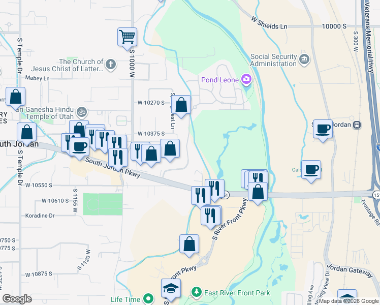 map of restaurants, bars, coffee shops, grocery stores, and more near 10293 South Jordan Creek Drive in South Jordan