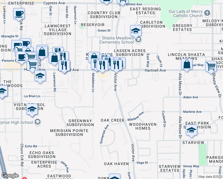 map of restaurants, bars, coffee shops, grocery stores, and more near 1655 Bramble Place in Redding