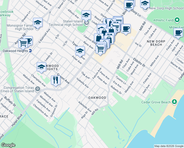 map of restaurants, bars, coffee shops, grocery stores, and more near 405 Oak Avenue in Staten Island