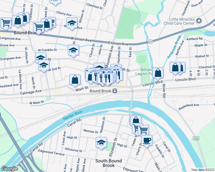 map of restaurants, bars, coffee shops, grocery stores, and more near 204 East Main Street in Bound Brook