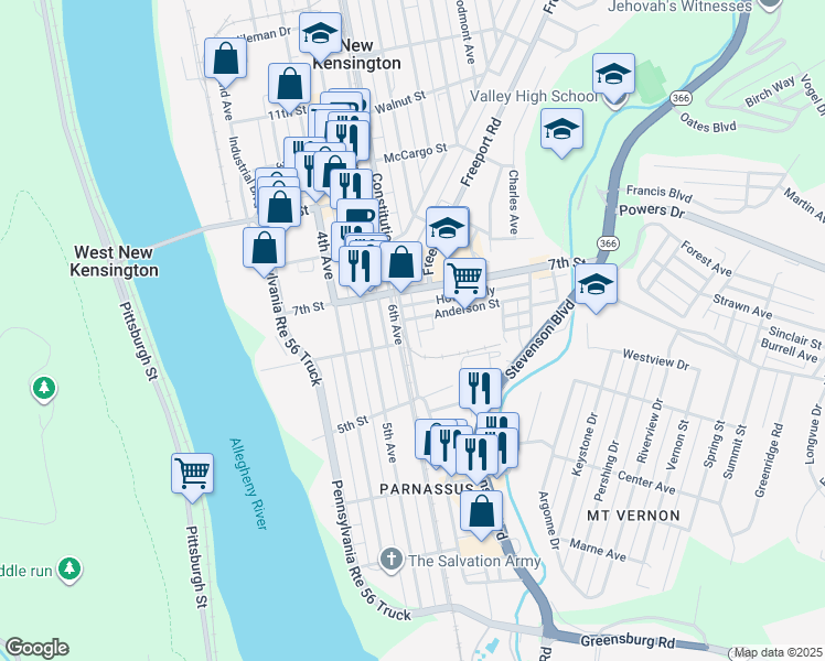 map of restaurants, bars, coffee shops, grocery stores, and more near 614 Constitution Boulevard in New Kensington