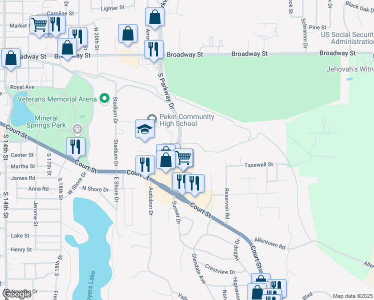 map of restaurants, bars, coffee shops, grocery stores, and more near 444 South Parkway Drive in Pekin