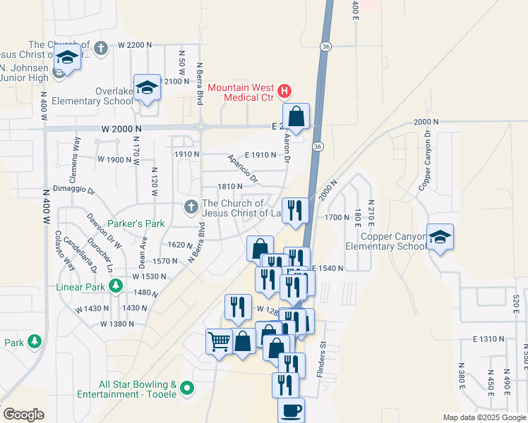 map of restaurants, bars, coffee shops, grocery stores, and more near 1753 Aaron Dr in Tooele