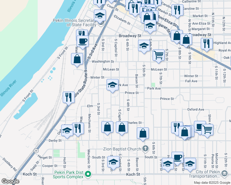 map of restaurants, bars, coffee shops, grocery stores, and more near 900 South Capitol Street in Pekin