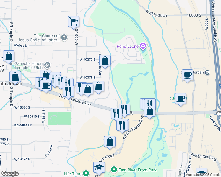 map of restaurants, bars, coffee shops, grocery stores, and more near 10293 South Jordan Creek Drive in South Jordan
