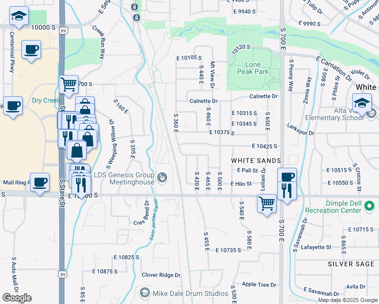 map of restaurants, bars, coffee shops, grocery stores, and more near 373 East 10450 South in Sandy